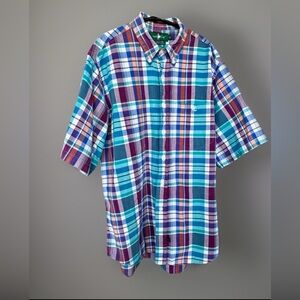 Vintage Hunt Club Short Sleeve Button Up Cotton Shirt Purple/Blue/Green Plaid LG